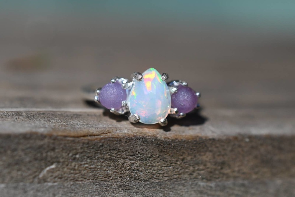 Opal Art Deco Engagement Ring, Raw Grape Agate Ring, Unique Engagement R…